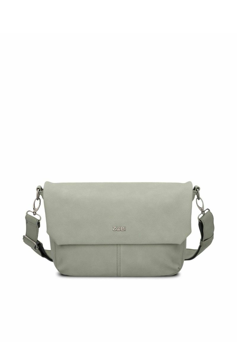 Borsa a tracolla grigio-verde realizzata in materiale testurizzato, dotata di pattina pieghevole, tracolla regolabile e dettagli in metallo argentato.