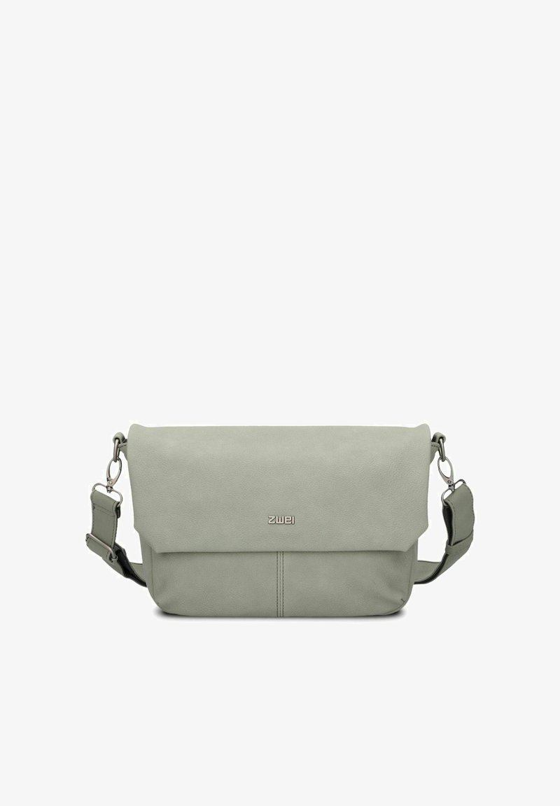 Borsa a tracolla grigio-verde realizzata in materiale testurizzato, dotata di pattina pieghevole, tracolla regolabile e dettagli in metallo argentato.