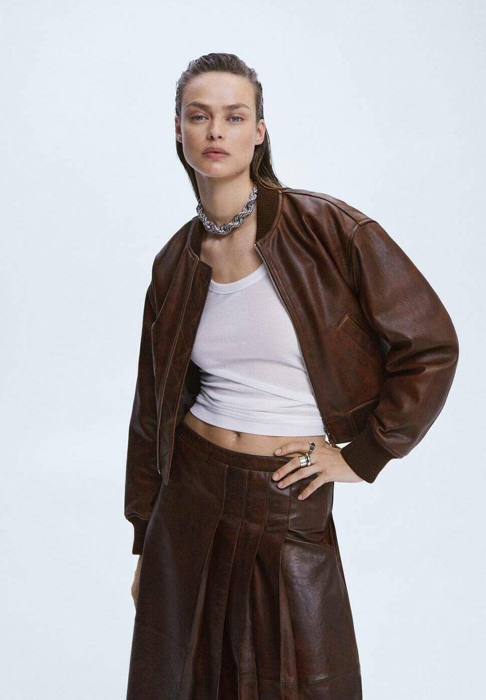 Jacket Mango Lange Jacke Mango Brown Leather Oversize Bikerjacke