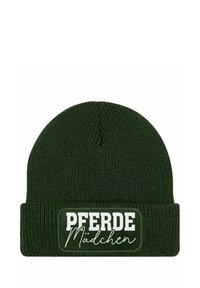 Dark green knit beanie with a folded cuff, featuring a rectangular patch with white text "PFERDE Mädchen" in bold and script fonts.