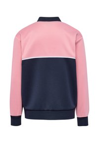 Two-tone jacket with pink upper section and sleeves, navy blue lower section, white stripe dividing the colors, and ribbed navy collar and cuffs.