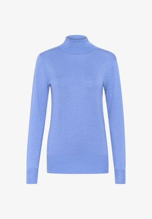 Pull à col roulé bleu clair en tricot côtelé doux. Doté de manches longues et d'une coupe ajustée, sans motifs ni accents visibles.