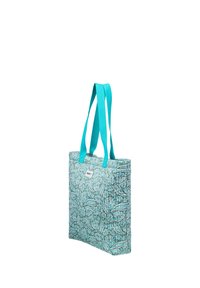 Quilted floral-patterned tote bag in shades of blue and green with long turquoise handles and a rectangular shape.