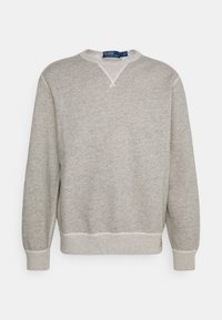 Gray sweatshirt with a round neckline, ribbed cuffs, and hem. Made from soft fabric with a textured finish. V-shaped stitching detail at the neck.
