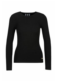 Schwarzer gerippter Pullover mit langen Ärmeln, Rundhalsausschnitt und einem kleinen goldenen Logoakzent am Saum. Weicher Stoff und figurbetontes Design.