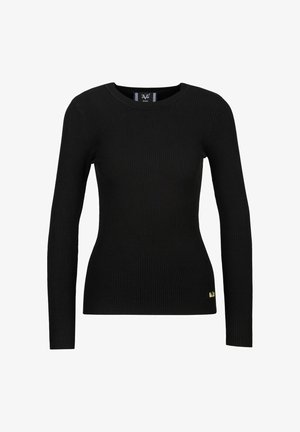 Schwarzer gerippter Pullover mit langen Ärmeln, Rundhalsausschnitt und einem kleinen goldenen Logoakzent am Saum. Weicher Stoff und figurbetontes Design.