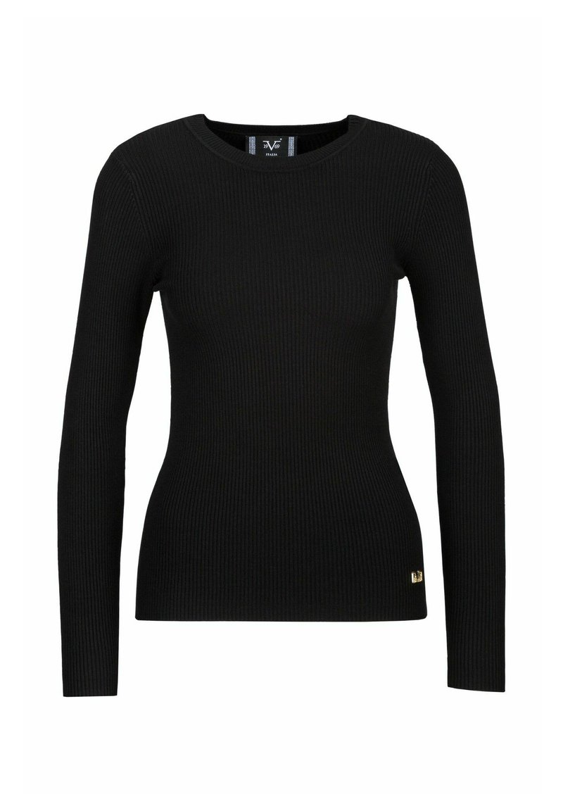 Schwarzer gerippter Pullover mit langen Ärmeln, Rundhalsausschnitt und einem kleinen goldenen Logoakzent am Saum. Weicher Stoff und figurbetontes Design.