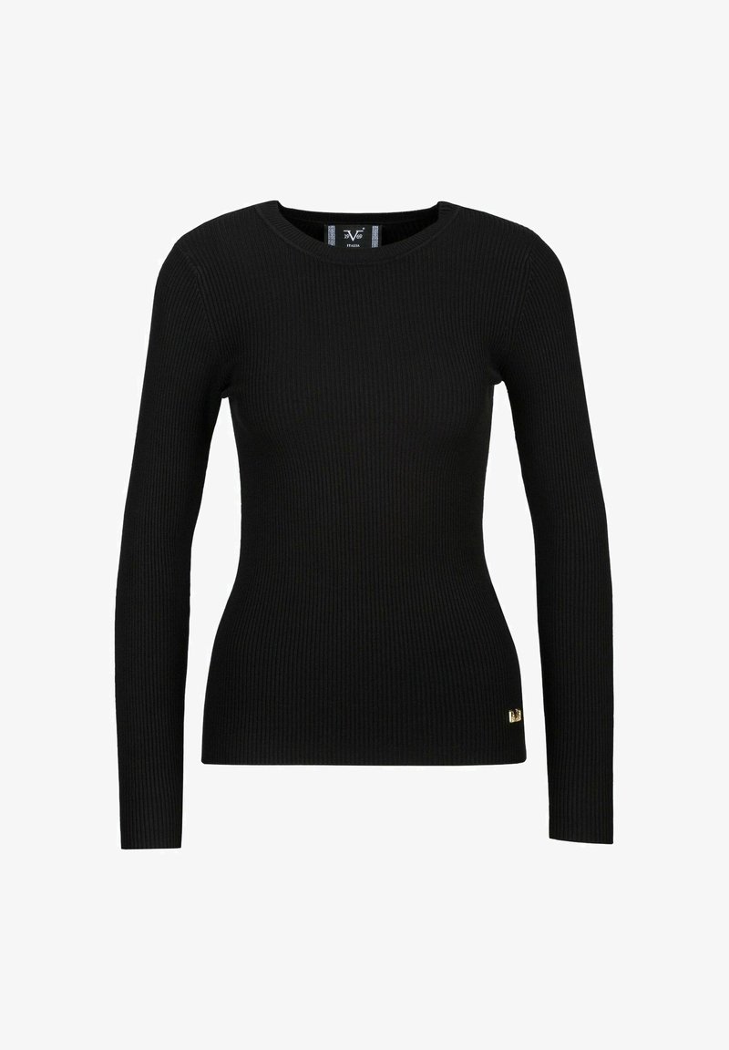 Zwarte geribbelde trui met lange mouwen, ronde halslijn en een kleine gouden logo-accent bij de zoom. Zachte textuur en aansluitend ontwerp.
