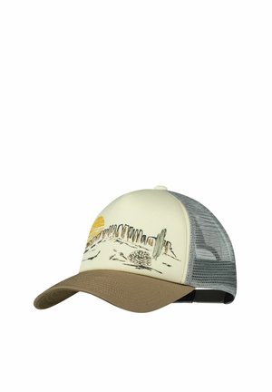 Beige Frontkappe mit braunem Schirm und grauem Mesh-Rücken, mit einer Illustration einer Wüstenlandschaft mit Kaktus, Bergen und untergehender Sonne.