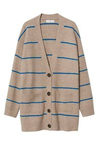 Beżowy kardigan z niebieskimi poziomymi paskami, dekoltem w serek, przednimi kieszeniami i pięcioma ciemnymi guzikami. Wykonany z miękkiego, dzianinowego materiału.