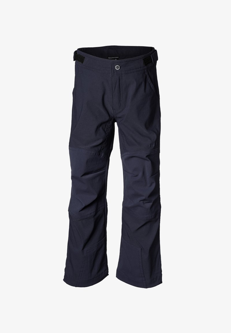 Marineblå, letvægtsbukser med en tætsiddende talje, sidelommer og forstærkede knæområder, designet til udendørs aktiviteter.