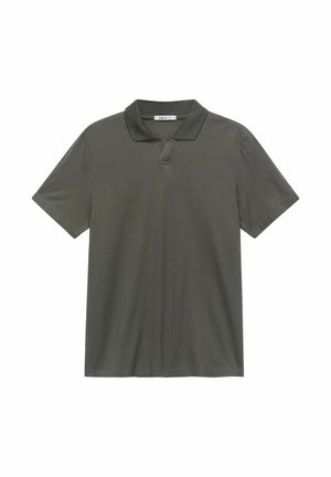 Dunkelgrünes Poloshirt aus weichem Stoff. Verfügt über einen traditionellen Kragen mit leichtem V-Ausschnitt, kurze Ärmel und keine sichtbaren Muster oder Akzente.