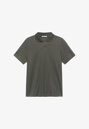 Dunkelgrünes Poloshirt aus weichem Stoff. Verfügt über einen traditionellen Kragen mit leichtem V-Ausschnitt, kurze Ärmel und keine sichtbaren Muster oder Akzente.