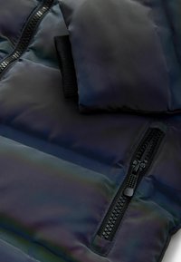 Puffjacke aus dunklem irideszentem Material mit einem gesteppten Design, ausgestattet mit einem schwarzen Reißverschluss und einem gerippten Bund.