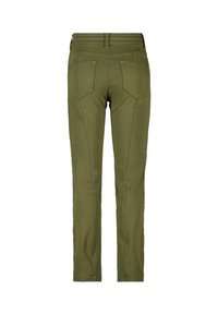 Pantalons slim-fit olive avec poches arrière, détails de couture et taille élastique, montrés de dos sur un fond blanc.