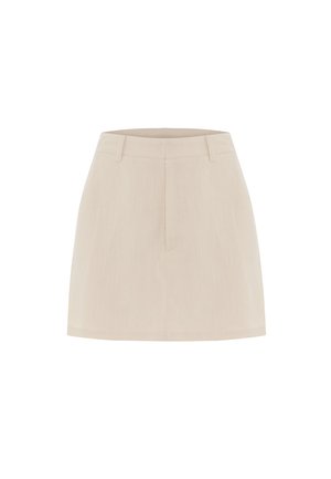 Béžová mini sukně z lehkého materiálu, s plochým předním dílem, dvěma poutek na pásek a bez ozdob, která poskytuje hladký a elegantní vzhled.