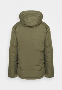 Olīvu zaļais pūkains apģērbs ar kapuci, ar gludu virsmu un horizontālām šuvēm aizmugurē. Elastīgi aproces un apakšmalas.