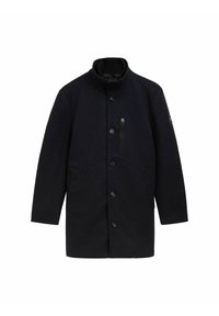 Abrigo azul marino oscuro con cuello alto, cierre de botones en el frente, bolsillos laterales y un bolsillo en el pecho con cremallera. Fabricado con tela texturizada.
