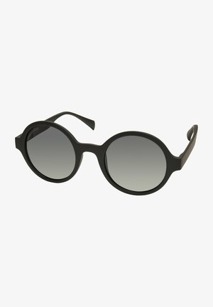 Zwarte zonnebril met ronde, gradient lenzen. Beschikt over een matte montuur met gebogen randen en slanke veren voor een elegante uitstraling.