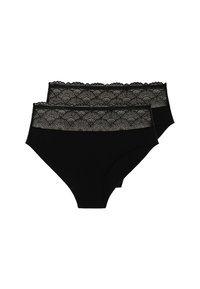 Deux culottes noires pour femmes avec de larges ceintures en dentelle ornées d'un motif en éventail, superposées l'une derrière l'autre.