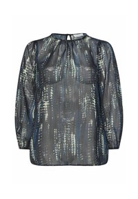 Schwarze und blaue gemusterte Bluse mit langen Ärmeln, aus leichtem, transparentem Stoff, Rundhalsausschnitt und Rückenschlitz-Detail.