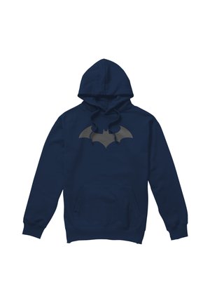 Navy blue hooded sweatshirt with front pocket and a large gray bat symbol printed on the chest.