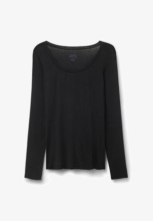 Camiseta negra de manga larga hecha de tela suave. Presenta un escote redondo ancho y un ajuste holgado con dobladillo recto. Sin patrones o acentos visibles.