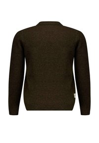 Bruin gebreid sweater met een ronde halslijn en lange mouwen. Bevat geribde manchetten en zoom, met een klein logootje aan de zijkant.
