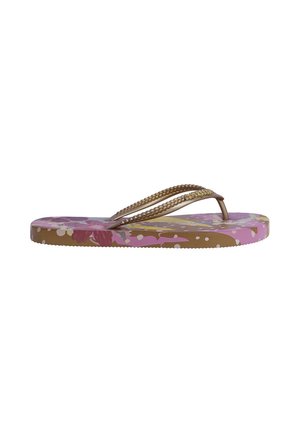 Sandalia tipo chancla con patrón floral rosa y morado en la suela y correas marrones trenzadas con pequeñas cuentas decorativas.