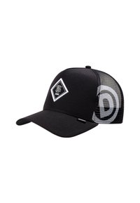 Gorra negra con una parte frontal estructurada, trasera de malla, parche con logo de diamante en la parte delantera y visera curva. Presenta una sutil tela texturizada.