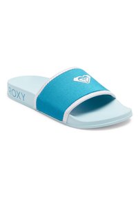 Blue slide sandals with a fabric strap, featuring a white logo and trim. The sole is light blue, providing a casual and comfortable design.