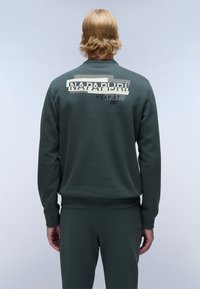 Grüner Sweatshirt mit großem "NAPAPIJRI"-Logo in Beige auf dem Rücken, mit einer glatten Textur und gerippten Bündchen und Saum.