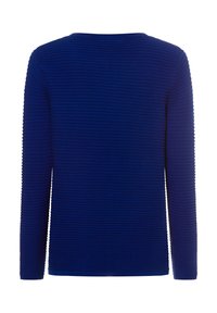 Langärmliges blaues Oberteil mit strukturiertem Rippmuster, runder Ausschnitt und fester Säume. Keine sichtbaren Verzierungen oder Beschläge.