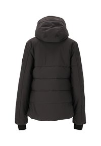 Veste doudoune noire avec capuche. Présente des coutures horizontales et des poignets côtelés. Fabriquée dans un matériau lisse et durable. Design simple au dos.