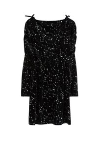 Sort velourkjole med lange ærmer, der har sølvfarvede stjerne- og konstellationsmønstre. Rynkede detaljer ved skuldrene, let afslappet pasform.