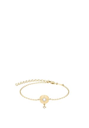 Delicaat gouden kettingarmband met een ronde centrale hanger met een heldere edelsteen en een klein hangend edelsteendetail.