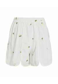 Shorts en coton blanc avec une taille élastique présentant de petits imprimés de citrons jaunes et de feuilles vertes dispersés sur le tissu.