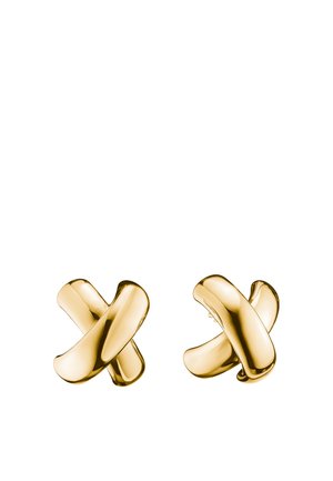 Paar polierte goldene Ohrringe in Form von gekreuzten, gebogenen Stäben mit glatten, abgerundeten Oberflächen auf weißem Hintergrund.