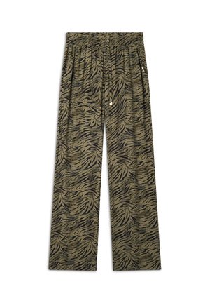 Pantaloni a gamba larga in verde oliva con un motivo a strisce di tigre nere, dotati di cintura elastica e cordoncino per una vestibilità regolabile.