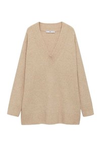Maglione beige lavorato a maglia con ampio scollo a V, maniche lunghe e orli a costine. Tessuto texturizzato. Vestibilità ampia e design minimalista.