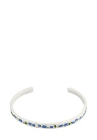 White metal bangle bracelet with a delicate pattern of small blue flowers and green leaves around the outer edge.