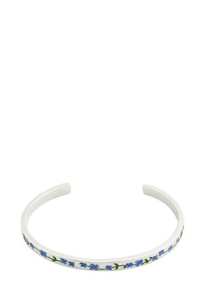 White metal bangle bracelet with a delicate pattern of small blue flowers and green leaves around the outer edge.