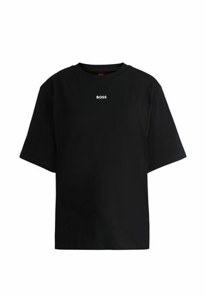 Zwarte T-shirt met korte mouwen van katoen. Heeft een ronde halslijn en een klein wit "BOSS" logo op de borst. Schoon, minimalistisch ontwerp.