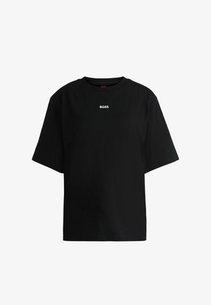 T-shirt noir à manches courtes en coton. Présente un col rond et un petit logo blanc "BOSS" sur la poitrine. Design épuré et minimaliste.