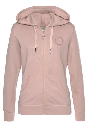 Sweat à capuche rose clair zippé intégral avec cordon à la capuche, deux poches frontales, poignets côtelés et petit logo circulaire sur le côté gauche de la poitrine.