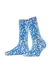 Blaue Socken mit Regentropfenmuster; sie zeigen verschiedene Blautöne, hellblaue Akzente und goldene Schrift mit dem Text "Stay positive".