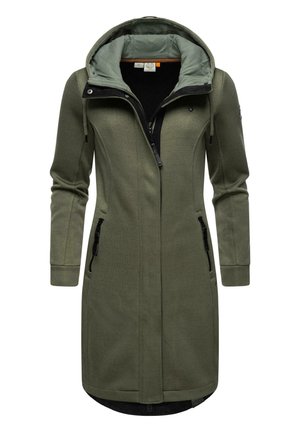 Olive green long coat with a fitted design, ribbed texture, adjustable hood, black accents, and zippered pockets on the sides.