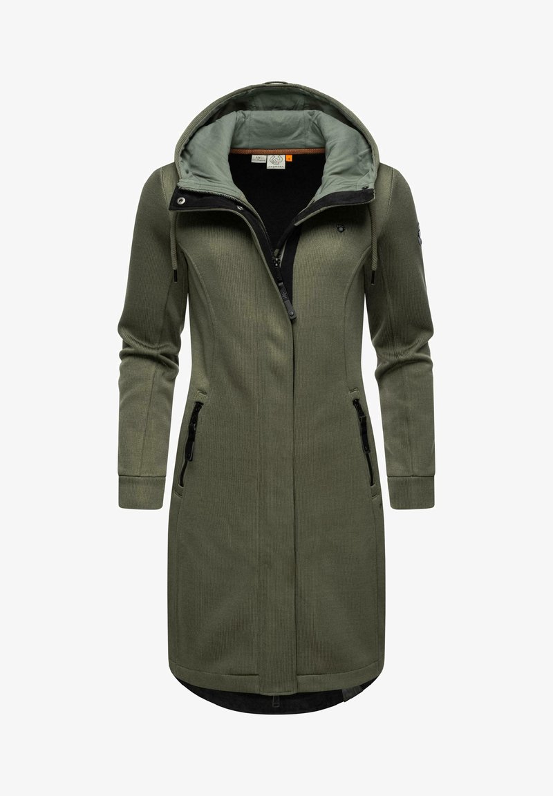 Olověně zelený dlouhý kabát s vypasovaným střihem, žebrovanou texturou, nastavitelnou kapucí, černými akcenty a kapsami na zip po stranách.