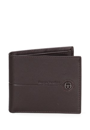 Brown leather wallet with a bi-fold design, embossed logo, and a circular accent. Smooth texture with visible stitching details.