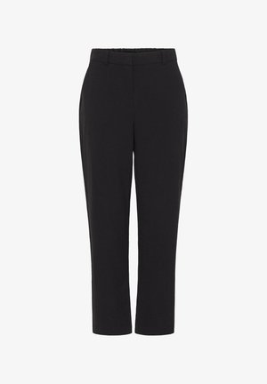 Schwarze gerade geschnittene Hosen mit Gürtelschlaufen und Seitentaschen, entworfen für formelle Anlässe oder Büroarbeit, auf einem weißen Hintergrund präsentiert.